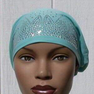 Rhinestone Tie Back Cap Cotton Bonnet Hijab Undercap Aqua Blue